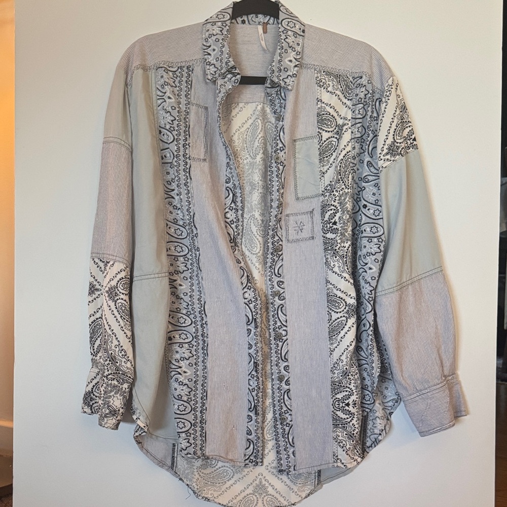 Free People Blue and White Stripes with Black Paisley button down Shirt